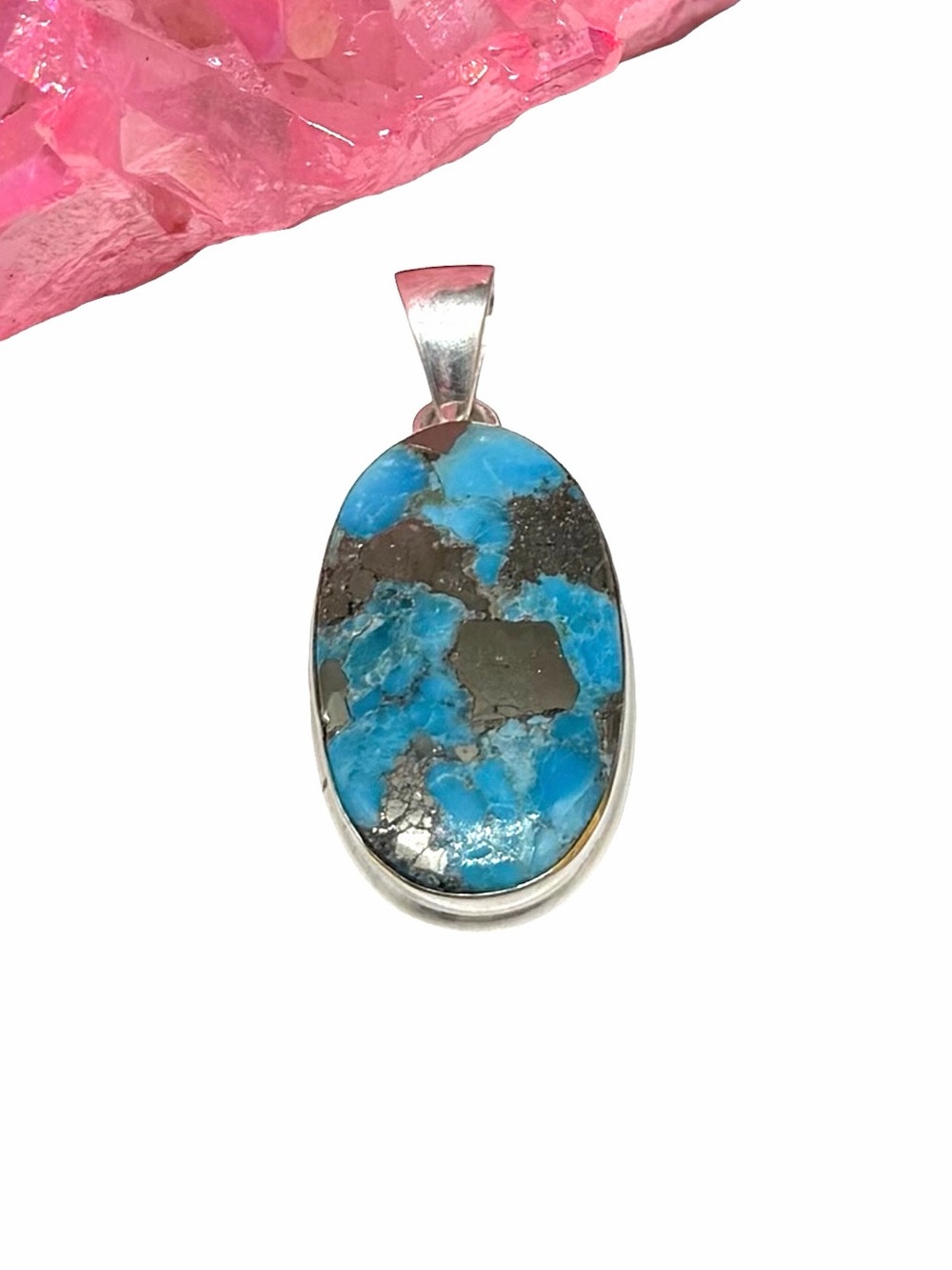 Kingman Turquoise w/ Pyrite Necklace Pendant 925 Sterling Silver Plated